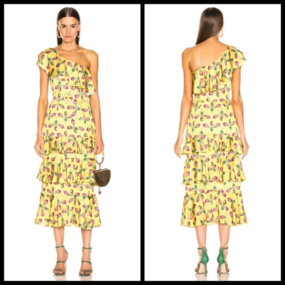 💕PATBO💕 One Shoulder Tiered Ruffle Midi Dress ~ Bright Yellow Print 8 NWT